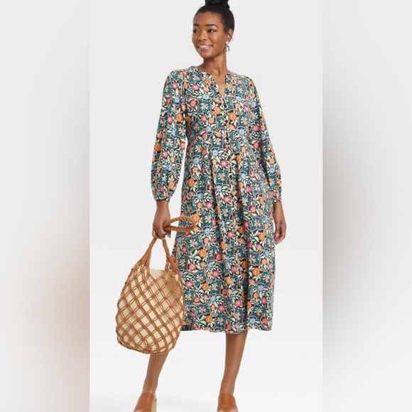 Universal Thread V-Neck Button Up Long Sleeve Floral Maxi Dress with pockets Sm - Picture 1 of 15